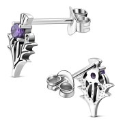 Amethyst CZ Thistle Stud Silver Earrings, e342